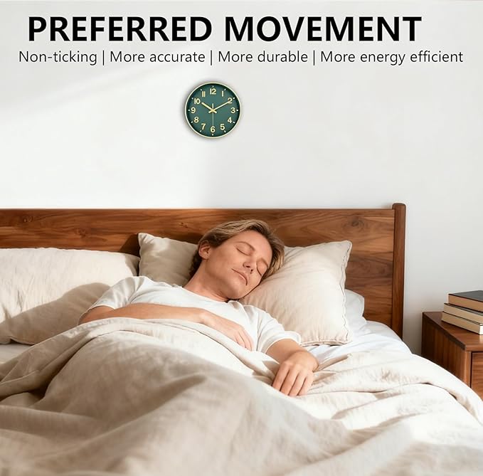 Wall Clock, 8 Inch Wall Clocks Battery Operated, Modern Non Ticking Silent Digital Analog Small Wall Clock for Bedroom Living Room Kitchen Office Gym Classroom Outdoor Clocks, Gold Green