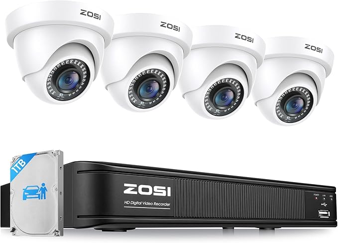 ZOSI 3K 5MP Lite H.265+ Home Security Camera System, 8 Channel Surveillance DVR with AI Human Vehicle Detection and 4 x 1080p Weatherproof CCTV Dome Camera Outdoor Indoor, 80ft Night Vision, 1TB HDD