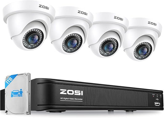 ZOSI 3K 5MP Lite H.265+ Home Security Camera System, 8 Channel Surveillance DVR with AI Human Vehicle Detection and 4 x 1080p Weatherproof CCTV Dome Camera Outdoor Indoor, 80ft Night Vision, 1TB HDD