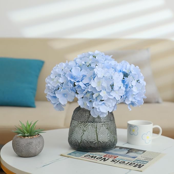 Tifuly Hydrangea Artificial Flowers -12 pcs Realistic Fake Hydrangea Silk Flowers with Stems Faux Hydrangea Flowers Heads for Office Home Party Wedding Centerpiece DIY Floral Decor(Sky Blue)
