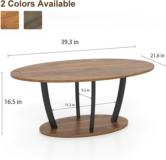 Manora Small Oval Coffee Table with Storage, Farmhouse Industrial Center Table for Living Room, Vintage Tea Table for Small Spaces, Rustic Brown