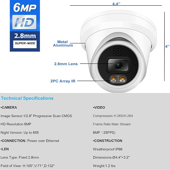 Real HD 6MP Add-On Full Color Night Vision Dome IP Camera for IP NVR Systems, with Visiable White Lights, 105° Viewing Angle, Outdoor, Compatible with Ⲏіk NVR, NDAA Compliant