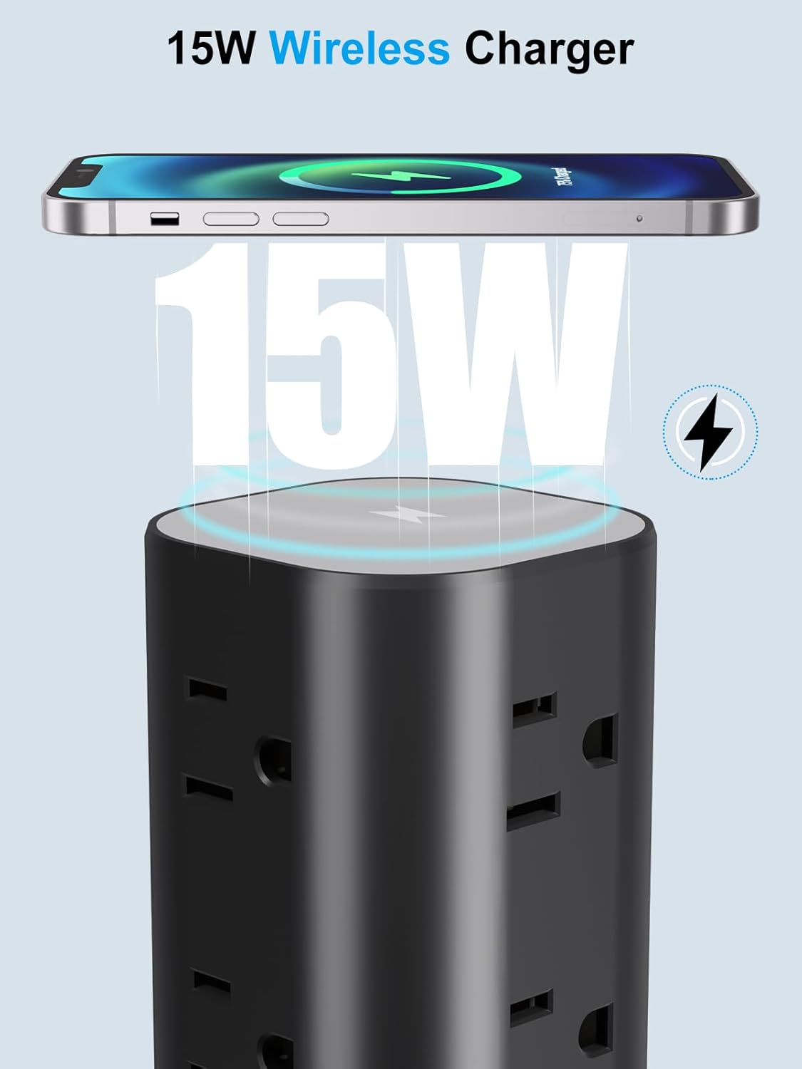 Power Strip Tower with Wireless Charger, Flat Plug Surge Protector Tower with 10FT Extension Cord, 12 AC Multiple Outlets, 4 USB (2 USB C),15W Wireless Charging Power Tower for Home Office Dorm, Black