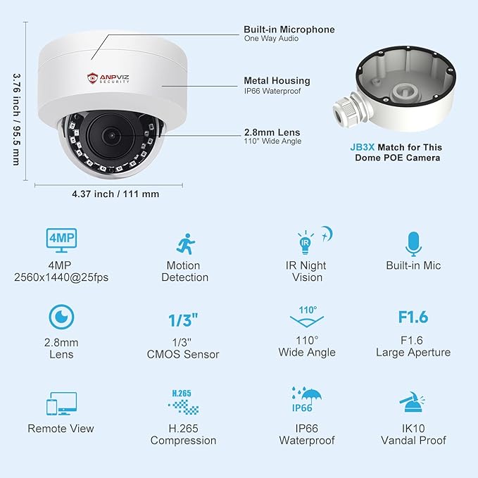 Anpviz 4MP PoE IP Dome Camera with Microphone/Audio, IP Security Camera Outdoor Indoor, 98ft Night Vision, IP66 Waterproof, 2.8mm Wide Angle Lens, 24/7 Recording, Not PTZ, NDAA Complaint (U Series)