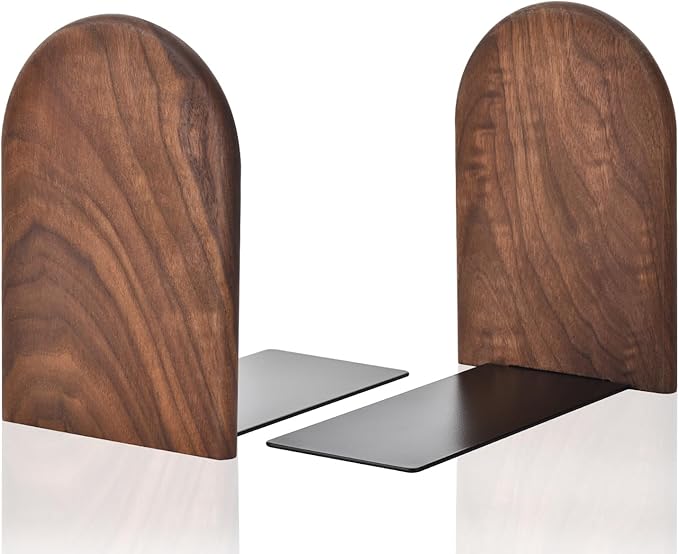 Book Ends, Sturdy Wooden Bookends for Shelves - Heavy Duty Non-Slip Book Organizers, Decorative Bookend Holders for Home Office, Library, Black Walnut Universal Economy Bookend, Medium, 1 Pair