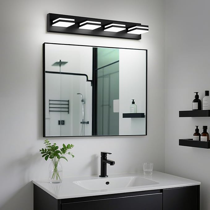 Modern LED Bathroom Lights Fixtures(4-Light),Metal Black Acrylic Wall Lighting,Vanity Lights for Bathroom Over Mirror(6000k 27in)