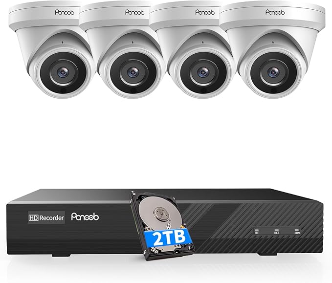 4K POE Security Camera System, 4PCS PoE Wired Turret 4K Cameras with Person Vehicle Detection,Wide Angle,Built-in Micphone, 4K/8MP 8 Channel NVR with 2TB HDD, 100Ft IR Night Vision,PD0408-4K