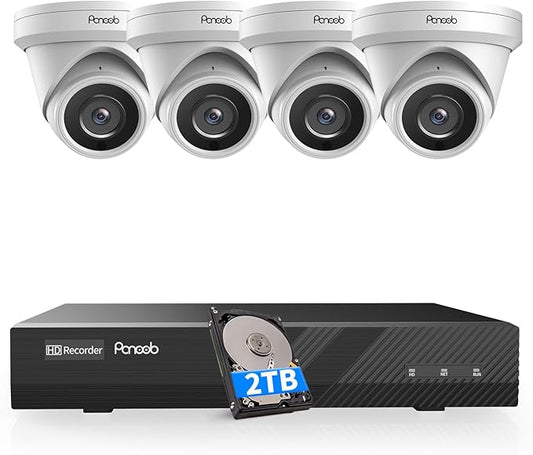 4K POE Security Camera System, 4PCS PoE Wired Turret 4K Cameras with Person Vehicle Detection,Wide Angle,Built-in Micphone, 4K/8MP 8 Channel NVR with 2TB HDD, 100Ft IR Night Vision,PD0408-4K
