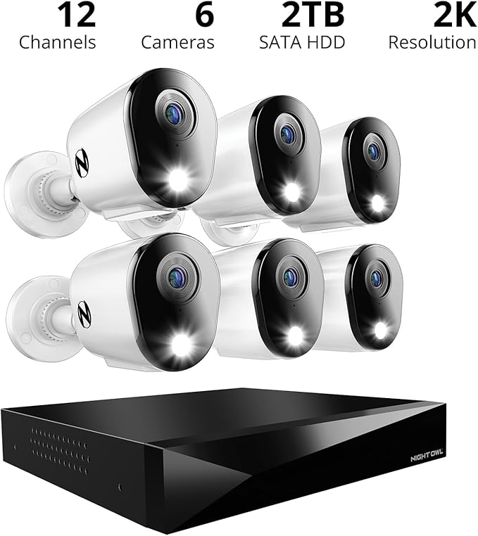 Night Owl 2-Way Audio 12 Channel DVR Video Home Security Camera System with (6) Wired 2K HD Indoor/Outdoor Deterrence Cameras and 2TB Hard Drive (Add up to 4 More Wired and 4 Wi-Fi Cameras) (6 Camera)