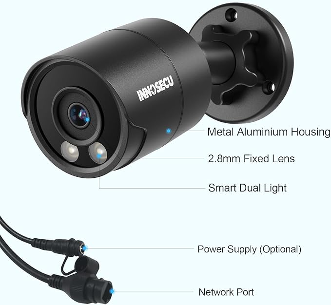 PoE Camera 4MP, Outdoor IP67 Bullet Security IP Camera, Smart Dual Light Full Color Night Vision, Built-in Mic, 2.8m Lens 110° Angle Viewing, Human/Vehicle Detection, INB4FD38F-B (Black)