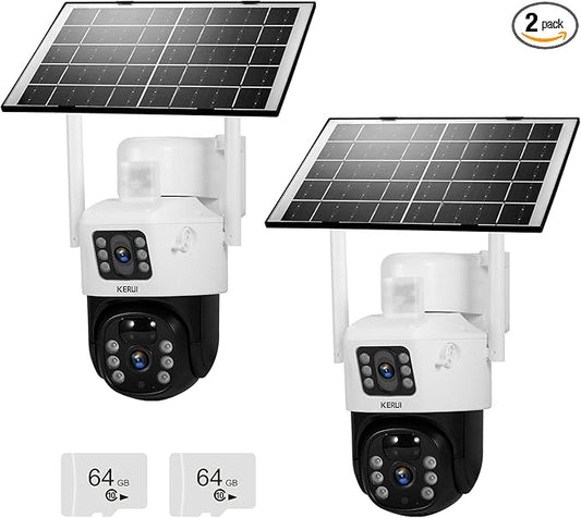 KERUI 2K Solar Security Cameras with Dual Lens Wireless Security Camera Outside with Solar Panel 360° View Pan, AI Human Detection, Color Night Vision,2-Way Audio with 64G SD Storage(2 Pack)