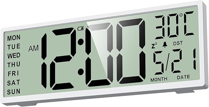 XREXS 14.5" Digital Wall Clock Battery Operated with Big Digits LCD Screen Display, Large Display Timer with Temperature Date Week Auto DST, Alarm Clock for Classroom, Livingroom, Office