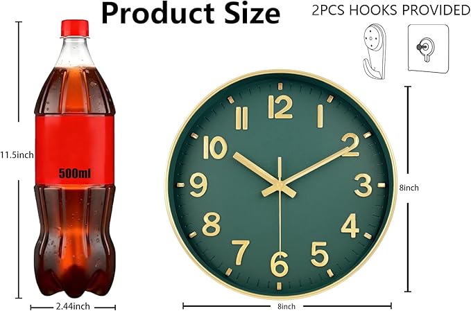 Wall Clock, 8 Inch Wall Clocks Battery Operated, Modern Non Ticking Silent Digital Analog Small Wall Clock for Bedroom Living Room Kitchen Office Gym Classroom Outdoor Clocks, Gold Green