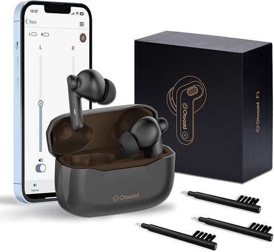 F1-S OTC Hearing Aids for Seniors, Rechargeable Battery, Bluetooth App Control & AI Noise Reduction, Invisible Design, Includes 3 Cleaning Brushes