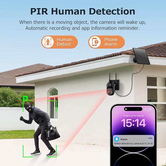 INQMEGA [ 12X Zoom ] 6MP Security Solar Cameras Outdoor, 2.4G WiFi Wireless Camera with PIR Motion Detection, Daul Lens, Color Night Vision, Spotlight Siren, No Subscription Required