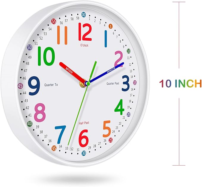 Kids Wall Clock: Telling Time Teaching Wall Clocks Silent Non-Ticking Clocks Battery Operated, Rustic Farmhouse Modern Clock Decorative for Kitchen Living Room Bedroom (10 Inch)