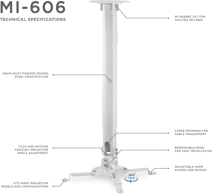 Mount-IT! Projector Ceiling Mount [30 lbs Capacity] Universal Bracket | 360 Full Motion with Tilt and Swivel Rotate | Adjustable Pole Height from 21-34.5 Inches, Extendable Arms (White | Long)
