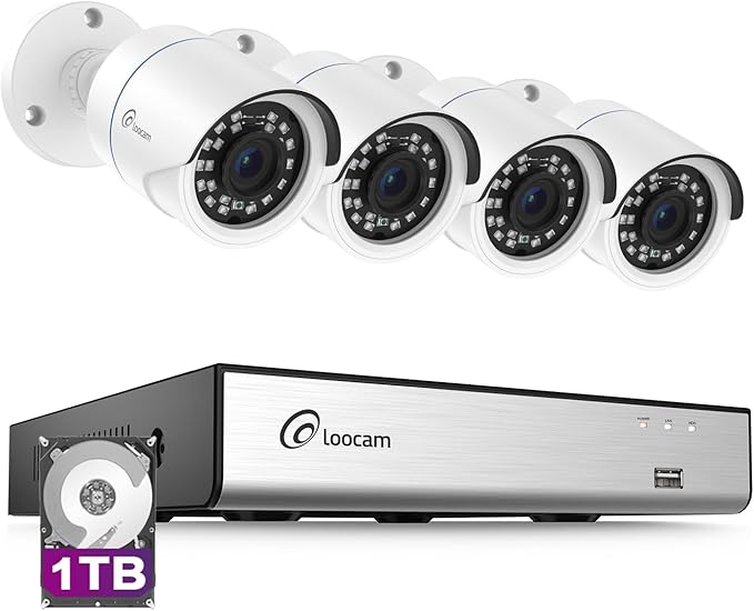 Loocam Security Camera System 1080p, AI Human Vehicle Detection, 8 Channel 4 Cams H.265+ DVR with 1TB HDD Wired Surveillance Camera, Night Vision, Remote Access, App Email Alert, IP66 Indoor Outdoor