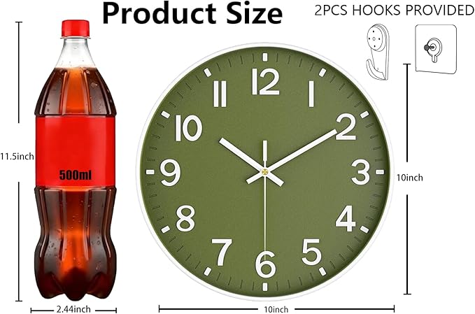 Modern Wall Clock, 10 Inch Digital Wall Clocks Battery Operated, Round Non Ticking Silent Analog Clock for Bedroom Living Room Kitchen Office Gym Classroom Decor, Olive Green