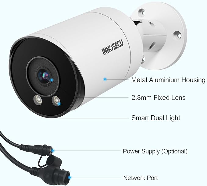 AI 8MP IP PoE Camera, Bullet Security Surveillance Camera, Dual Light Color Night Vision, Waterproof IP67, 2.8mm Lens 110 °, Built-in Mic, Face Detection, Human&Vehicle Detection, INB8BD49E