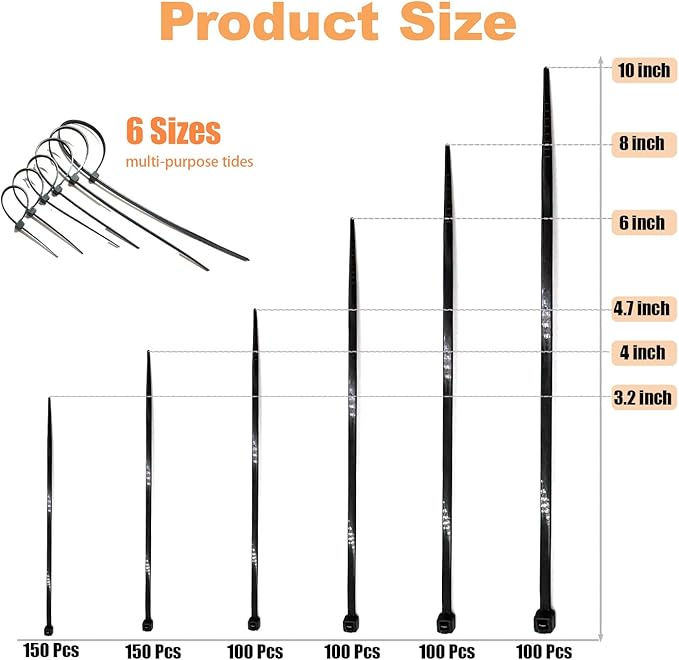 700 Pcs Cable Ties,6 Size 3.2/4/4.7/6/8/10 Inch Black Nylon Electrical Zip Ties,Zipties Assorted Sizes for Home Office,Gardening,Electronics,Cable Management