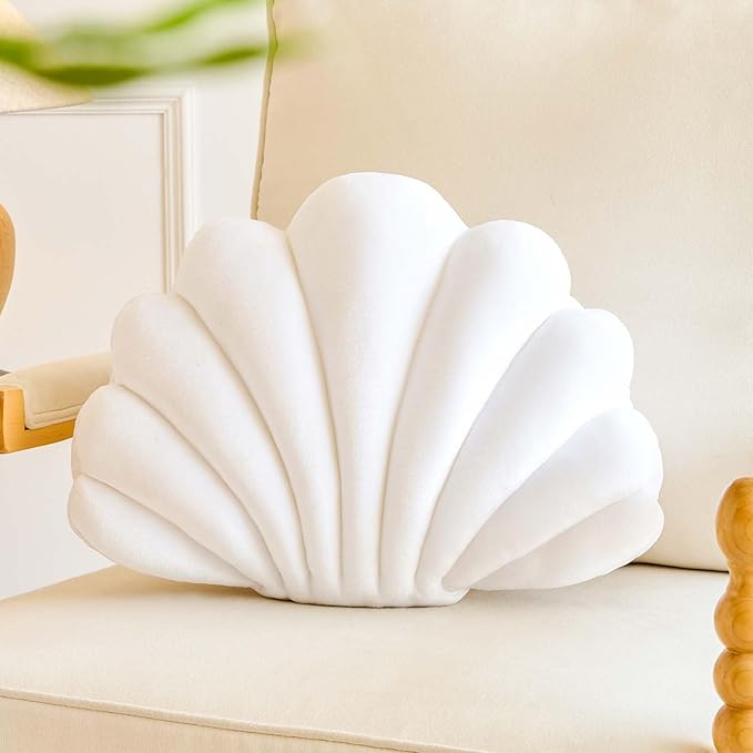 White Seashell Throw Pillows, Shell Shaped Throw Pillows, 13 Inch Soft Velvet Home Decorative Pillow Plush Cushion for Bed Couch Living Sofa Room Decor Accent Throw Pillow