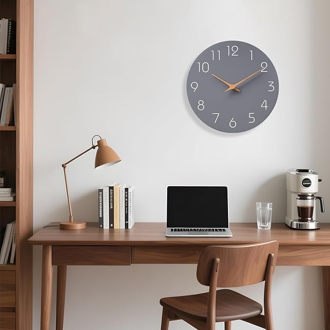 Mosewa Large Wall Clock 16 Inch Gray Modern Flatwood Silent Non Ticking Battery Operated Decorative for Bedroom Bathroom Living Room Kitchen Home Office Hotel