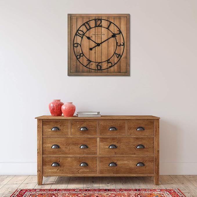 Presentime & Co 21" Farmhouse Square Shiplap Barn Door Wood Clock - Fir, Arabic Numeral. Home Decoration/Wall Decoration/Farmhouse Décor for Living Room, Dining Room, and Entryway.