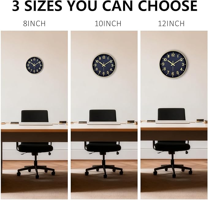 Modern Wall Clock, 10 Inch Digital Wall Clocks Battery Operated, Round Non Ticking Silent Analog Clock for Bedroom Living Room Kitchen Office Gym Classroom Decor, Gold Navy Blue Battery Clock