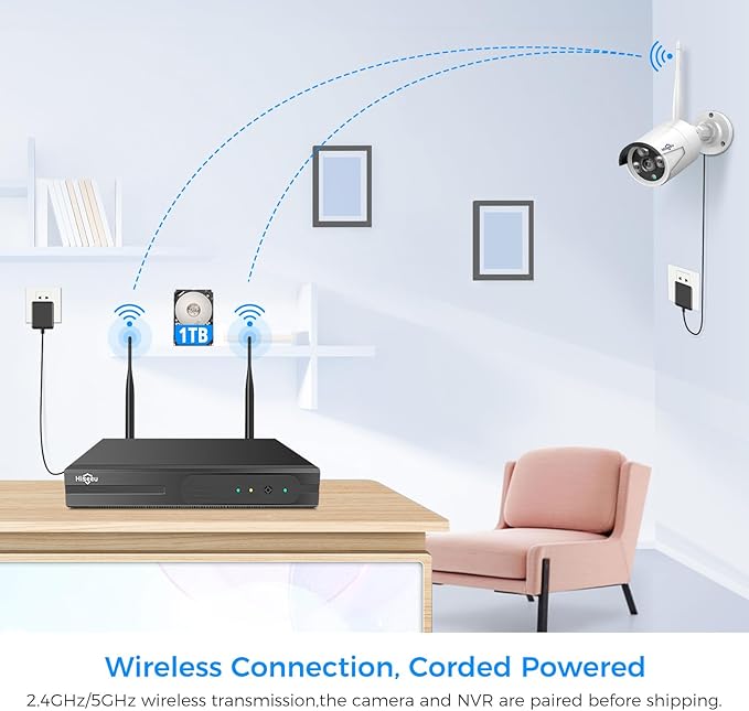 [100ft] Hiseeu Wireless WiFi Security Camera System, Wired Plug-in Powered, Expandable 16CH 4K NVR, 4Pcs 3MP Night Vision Cameras Home Surveillance Outdoor, Motion Detection, 1TB HDD, One-Way Audio