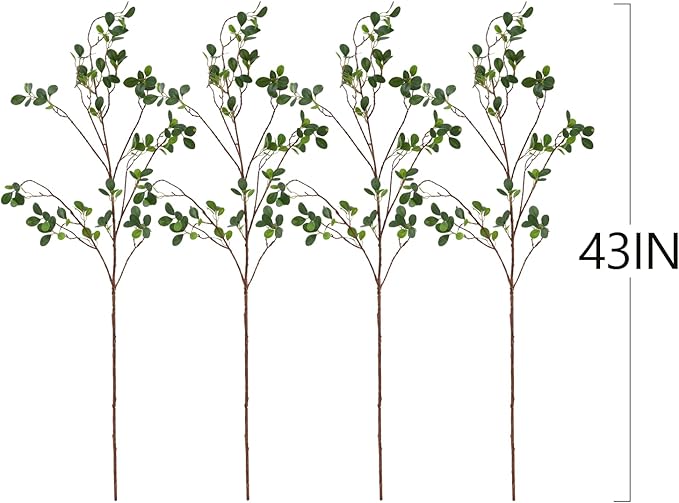 ucky Artificial Realistic Eucalyptus Stems，Decoration Greenery Stems ，43 Inch 4 Pcs, Realistic Touch Flexible Branches, Green Fake Plant, for Home Decor Tables Vases Garden Decoration