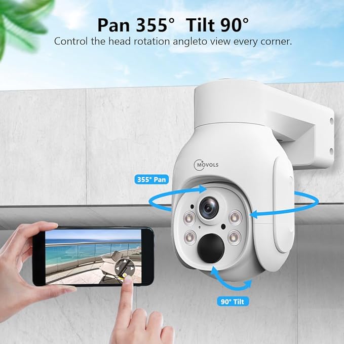 Movols 4MP Solar Security Camera Wireless PTZ Cameras Can Match with Movols 4K NVR Surveillance System.Color Night Vision, Motion Alert, Two-Way Audio,IP66 Home Surveillance.