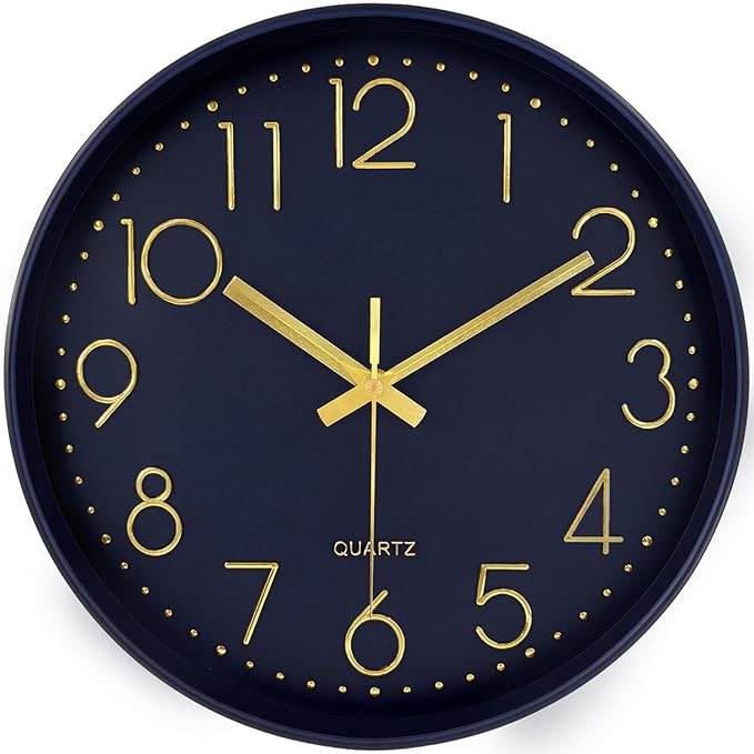 Wall Clock, Silent Wall Clocks Battery Operated 10 Inch- Modern Non Ticking Analog Clock with Large Numerals Tempered Glass Clocks for Bedroom Living Room Kitchen Office Decor, Navy Blue