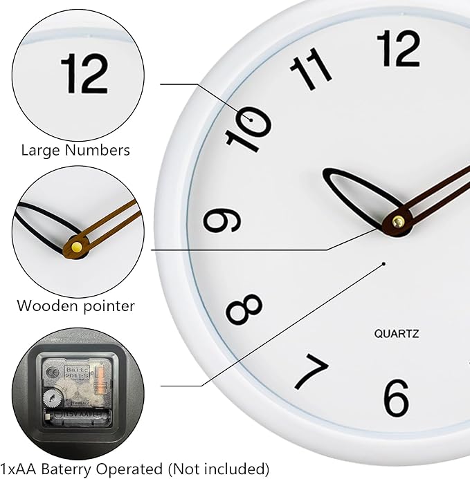 12 Inch Wall Clocks Battery Operated, Cream Modern Digital Wall Clock, Silent Non Ticking Analog Clock with Large Numbers Wooden Hands Clocks for Living Room Bedroom Kitchen Office Gym, White