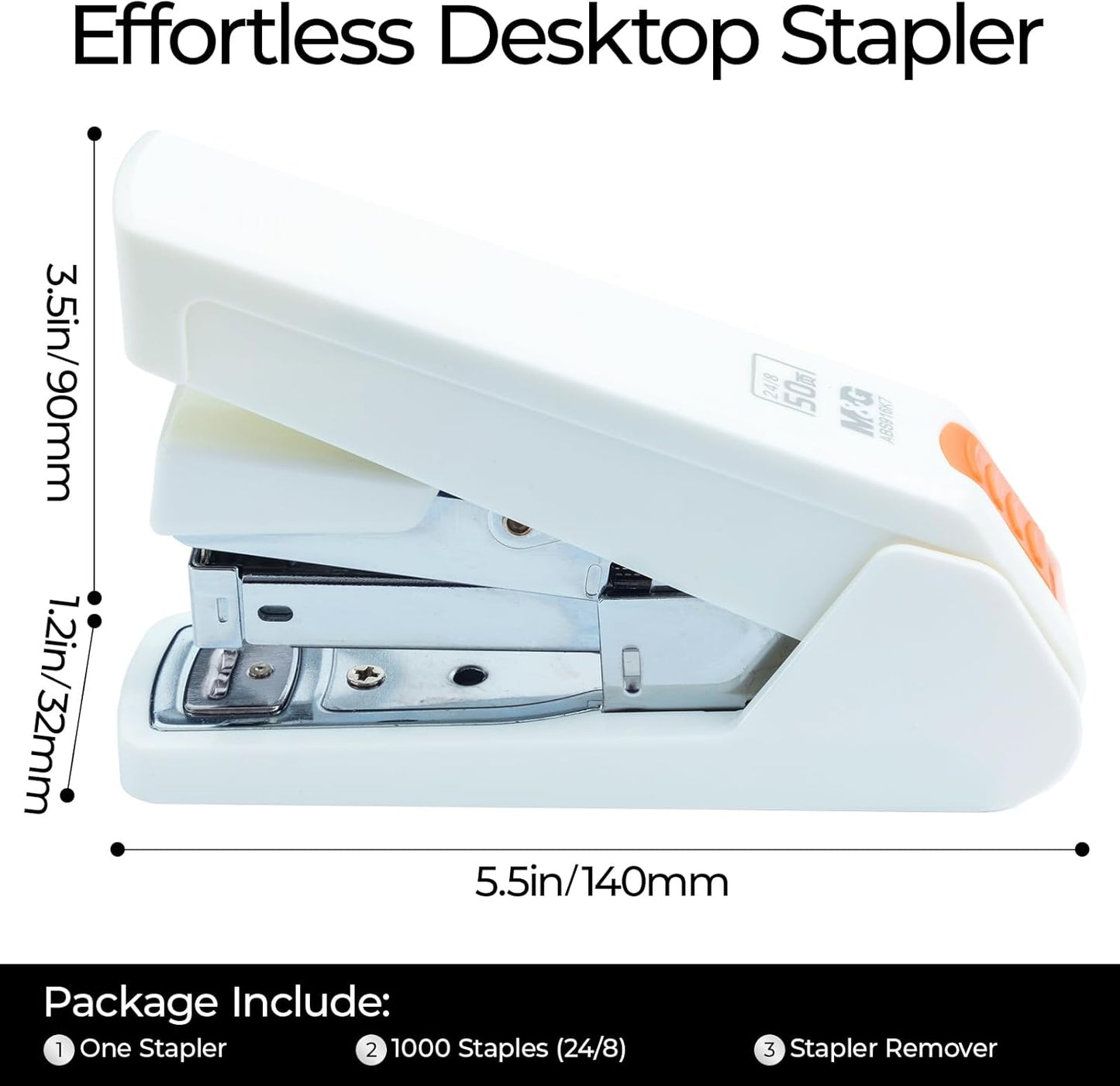 M&G Effortless Stapler 50 Sheet Capacity One-Touch Stapling, Heavy Duty Desktop Stapler Includes 1000 Staples and Remover, Portable Handheld Staplers for Home & Office (White)