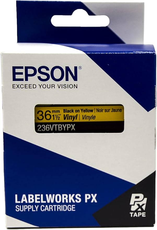 Epson LABELWORKS 236VTBYPX Genuine Tape Cartridge - Black on Yellow Flexible and Durable Vinyl Industrial Label Maker Tape - 1.5" (36MM) Wide, 22.9 ft