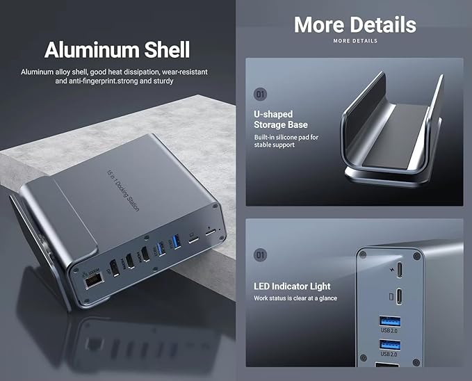 Vertical Laptop Docking Station 3 Monitors, 15-in-1 USB C Dock Station Hub Triple Display with 2X 4K HDMI & 1x DP, 10Gbps USB-C and USB-A 3.2 Data, 100W PD Charging+Ethernet+SD/TF+Audio