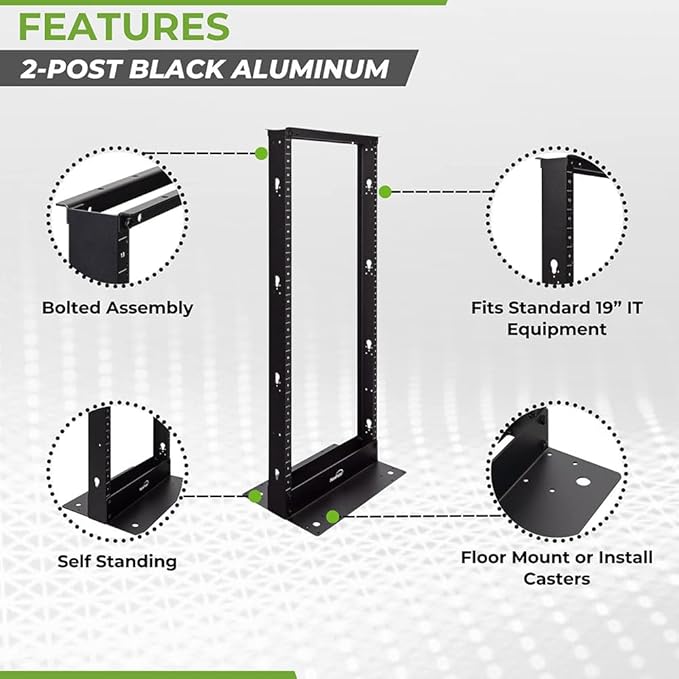 NavePoint 25U 2 Post Open Frame Server Rack for 19 Inch Equipment, AV, Networking, Data & IT Devices, 2-Post Rack 25U 661lbs Weight Capacity, Black