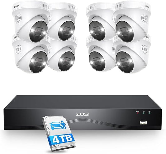 ZOSI 32CH 4K PoE Security Camera System,8pcs 8MP Outdoor Indoor PoE IP Cameras,Person Vehicle Detection,2 Way Audio,Spotlight Color Night Vision,16 Port 32 Channel NVR with 4TB HDD for 24/7 Recording