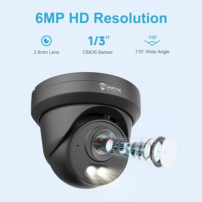 Anpviz 6MP PoE IP Camera Black, 3K Full Metal Turret Security IP Camera Outdoor Indoor, Smart Dual Light Color Night Vision, AI Human Vehicle Detection, Built-in Mic, 2.8mm Lens, IP66 Waterproof, NDAA