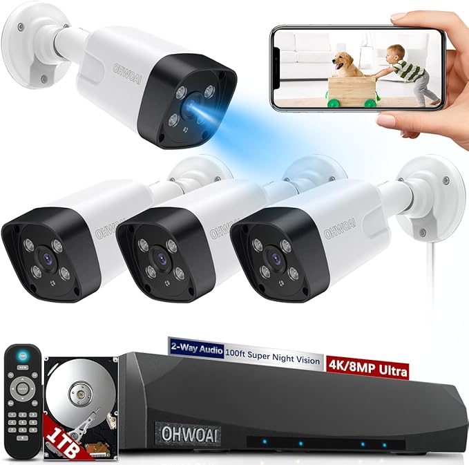 《2-Way Audio & 130°Wide Angle》Outdoor Security Camera System, IP Wired Cameras, 4K Video Surveillance for Home, Surveillance DVR Kits