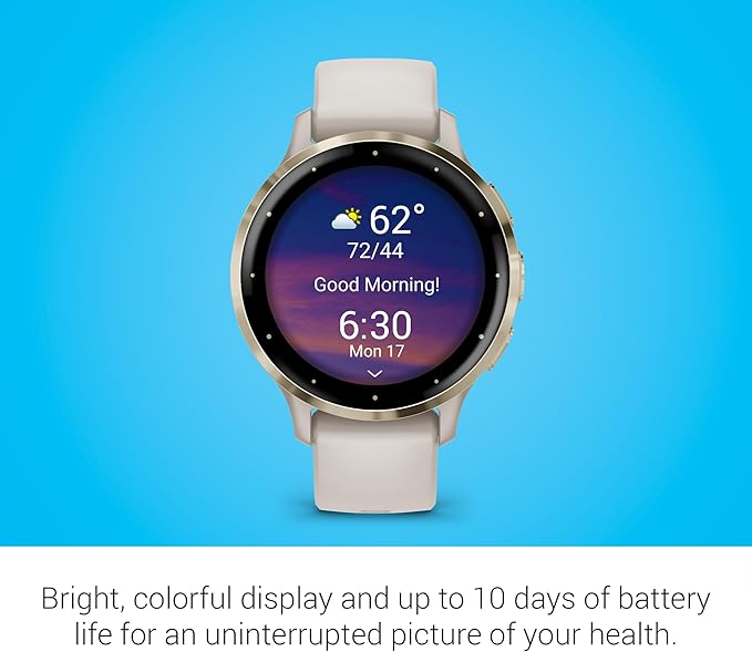 Garmin Venu 3S Running GPS Smartwatch with AMOLED Display, Advanced Health, Fitness Features, Up to 14 Day Battery Life with Signature Series Modern Power Stand | Soft Gold with Ivory Silicone Band