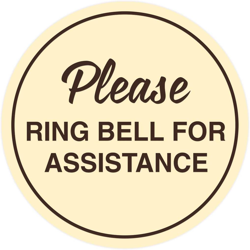 Signs ByLITA Circle Please Ring Bell For Assistance Wall or Door Sign | Easy Installation | Front Desk Reception Sign (Ivory/Dark Brown) - Large (1 Pack)