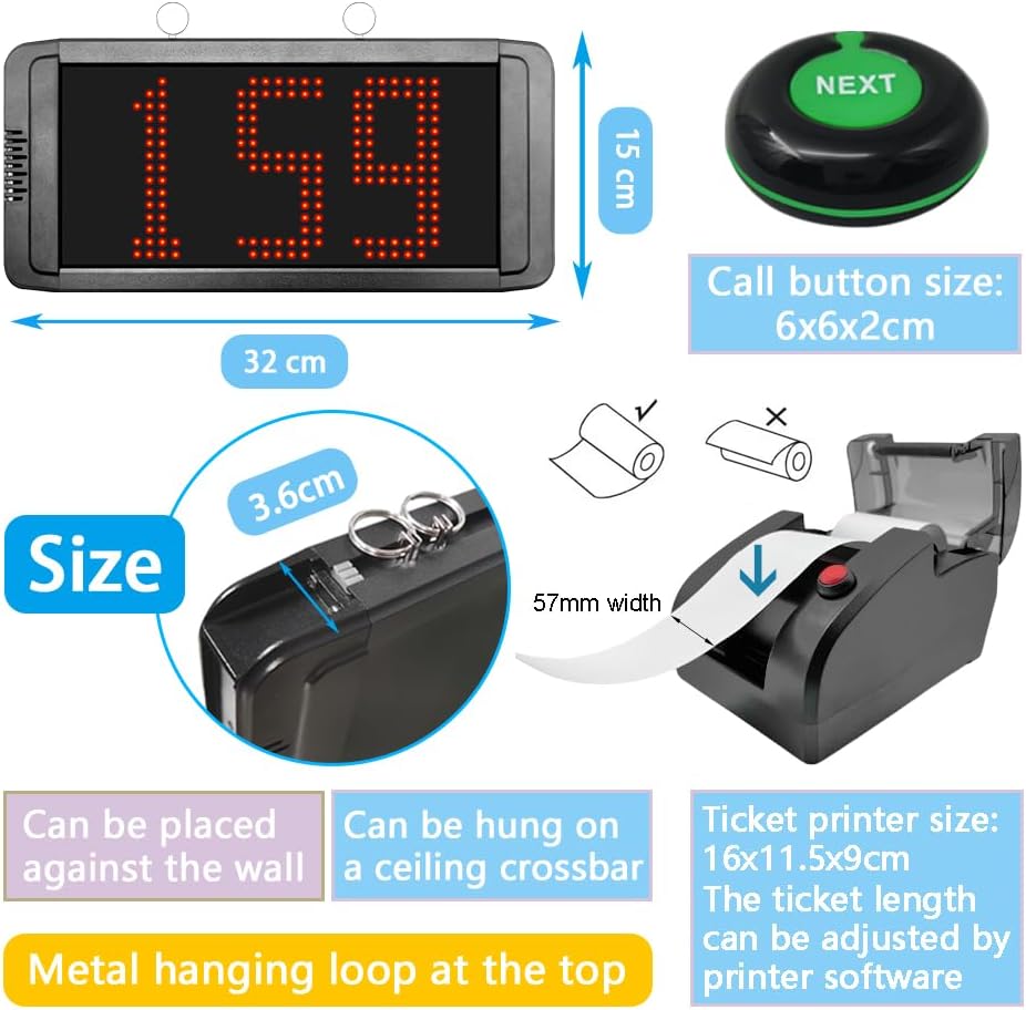 Take a Number System Queue Wireless Calling System with 1 Electronic Number Display 3 Next Call Button 1 Ticket Dispenser Printer 57mm Thermal Receipt Paper Roll 1 Remote Control for Counter Window