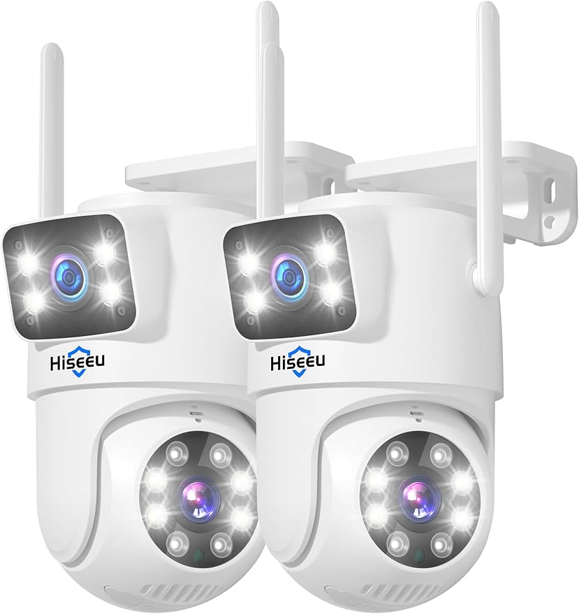 Hiseeu 2 Pack Wireless Security Camera 5G/2.4G WiFi Dual Lens PTZ Camera Outdoor Motion Tracking Color Night Version,No-Monthly Fees Works with Wireless System/Alexa, Need Power Cord
