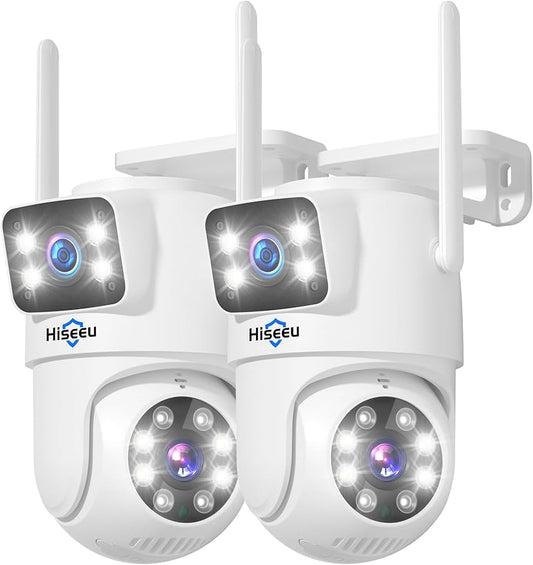 Hiseeu 2 Pack Wireless Security Camera 5G/2.4G WiFi Dual Lens PTZ Camera Outdoor Motion Tracking Color Night Version,No-Monthly Fees Works with Wireless System/Alexa, Need Power Cord