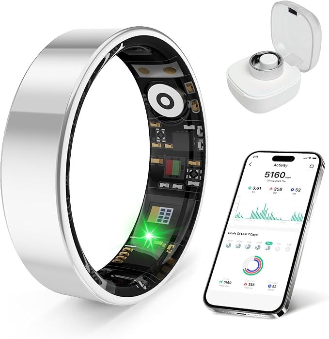 Smart Health Ring, Featuring Stress and Sleep Monitoring Functions, Compatible with iOS and Android, Waterproof Fitness Tracker for Women & Men, No Subscription Fee. (Silver, 7)
