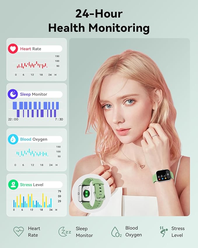 Smart Watches for Women/Men, Smart Watch for Android Phones and iPhone Compatible, Alexa Built-in, 1.8" Fitness Watches for Women, IP68 Waterproof /Bluetooth Call, Heart Rate/Sleep Monitor, Green