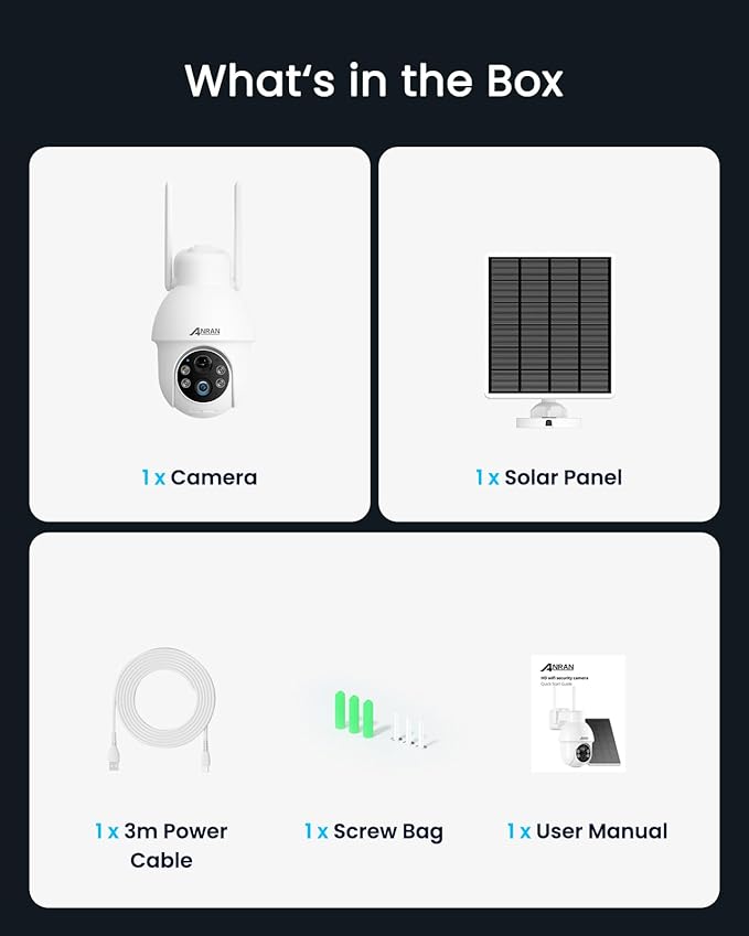 ANRAN 2K Solar Security Camera Outdoor Wireless, WiFi Camera Battery-Powered with 360° PTZ for Home Security, 3MP Color Night Vision, PIR Motion Detection, Two-Way Audio, Compatible with Alexa