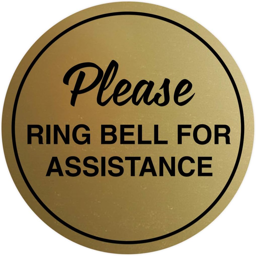 Signs ByLITA Circle Please Ring Bell For Assistance Wall or Door Sign | Easy Installation | Front Desk Reception Sign (Brushed Gold) - X-large (1 Pack)